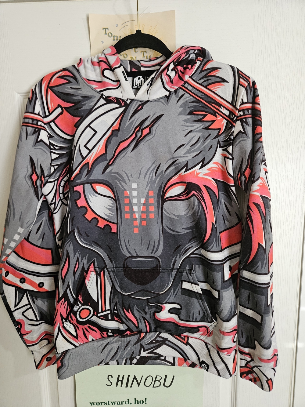 Men's Wolf Graphic Hoodie in Gray and Coral